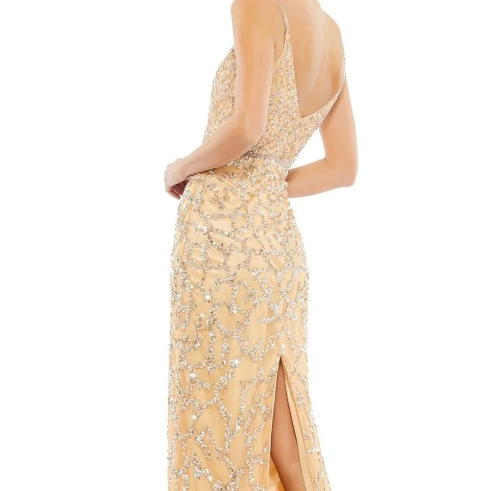 NEW‎ Mac Duggal SLEEVELESS V-NECK BEADED COLUMN GOWN NUDE 5481